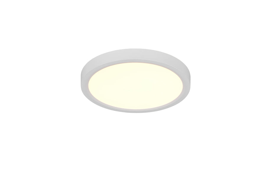Vue rapprochée du plafonnier circulaire blanc, large cerclage mat et diffuseur lumineux