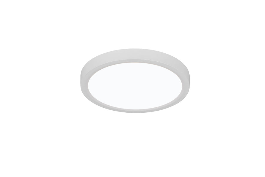 Vue de face du luminaire rond, diffuseur opale blanc et fin anneau satiné