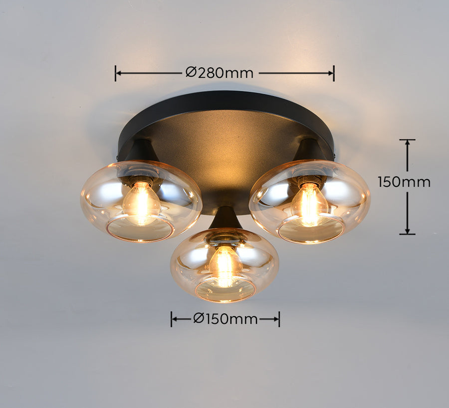 Plafonnier Divina 3 lumières ambré, verre