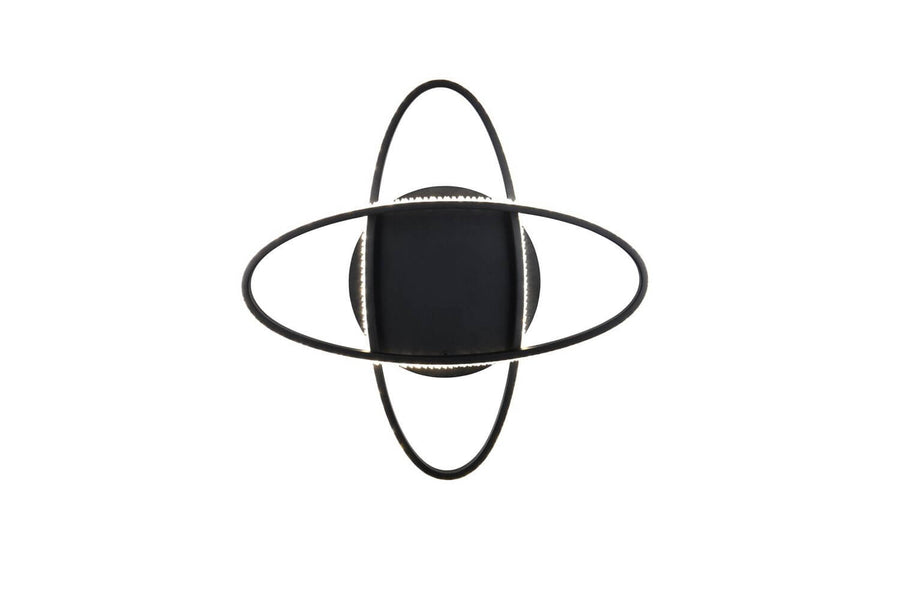 Plafonnier carré noir mat avec deux anneaux LED fins entrecroisés, vu de dessous.