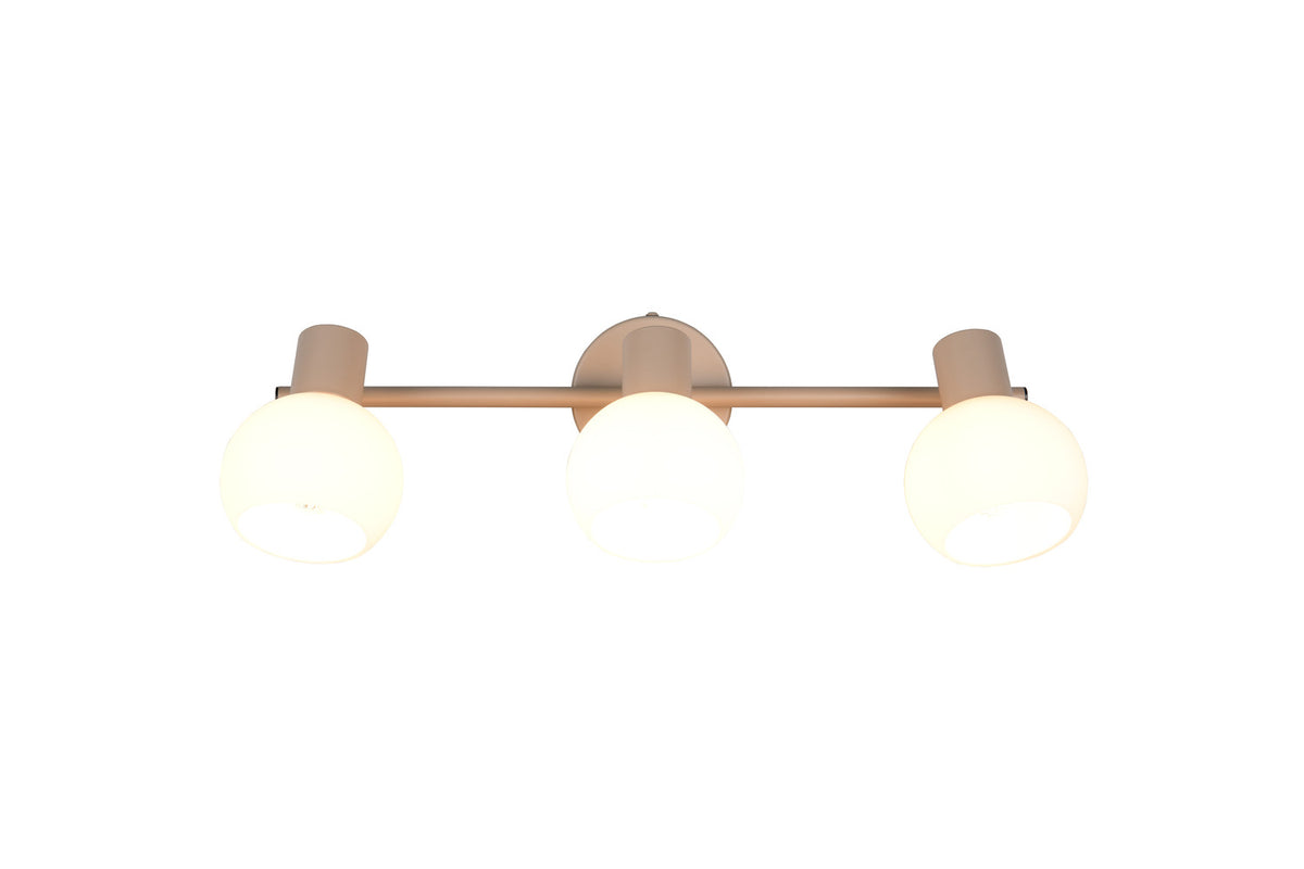 Vue de face du luminaire beige à trois globes en verre dépoli