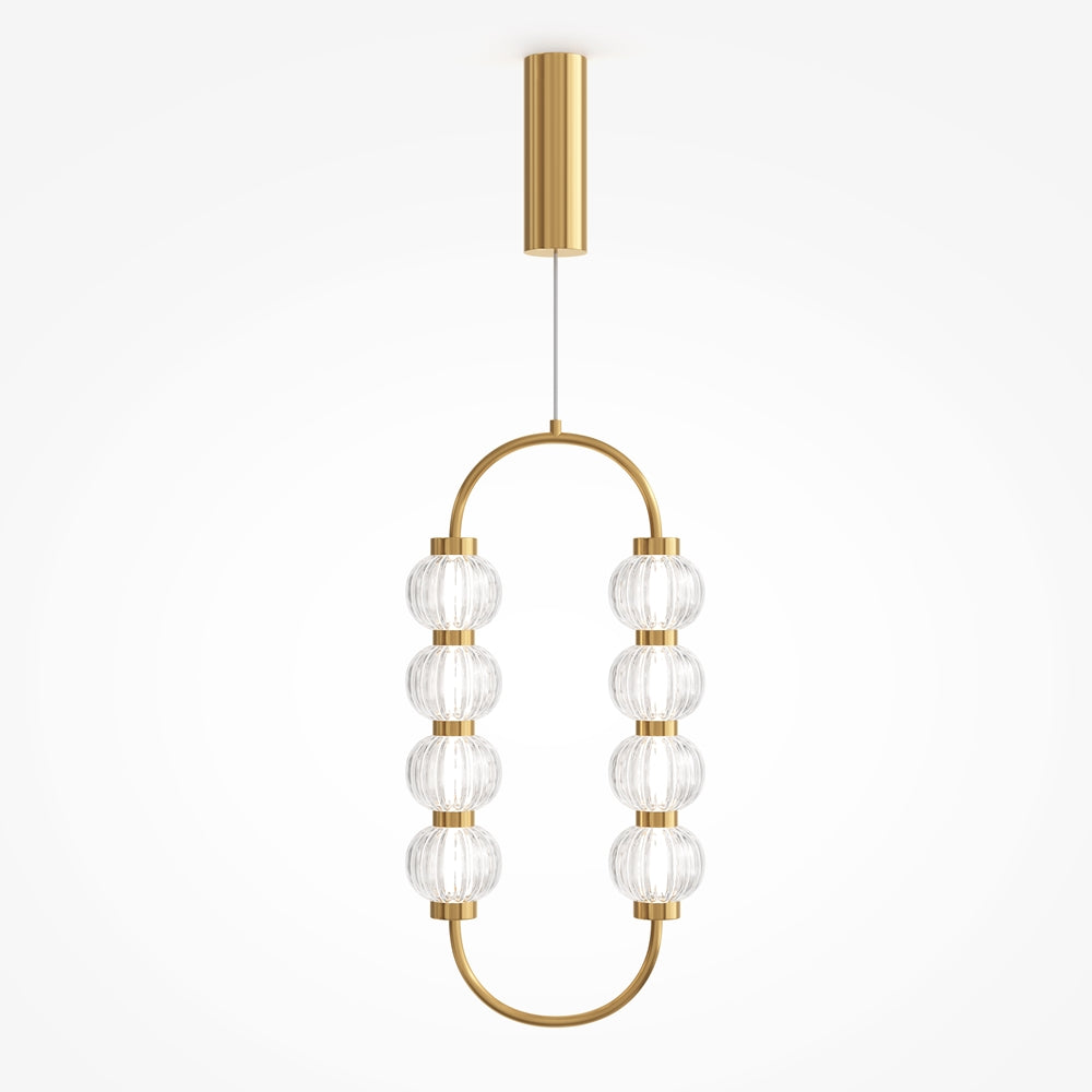 Suspension verticale à rosace cylindrique dorée et boucle de huit globes