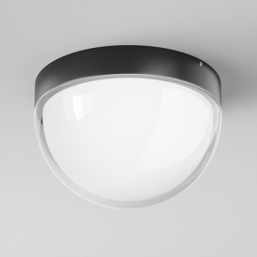 Vue de face du plafonnier rond à base sombre et diffuseur blanc bombé
