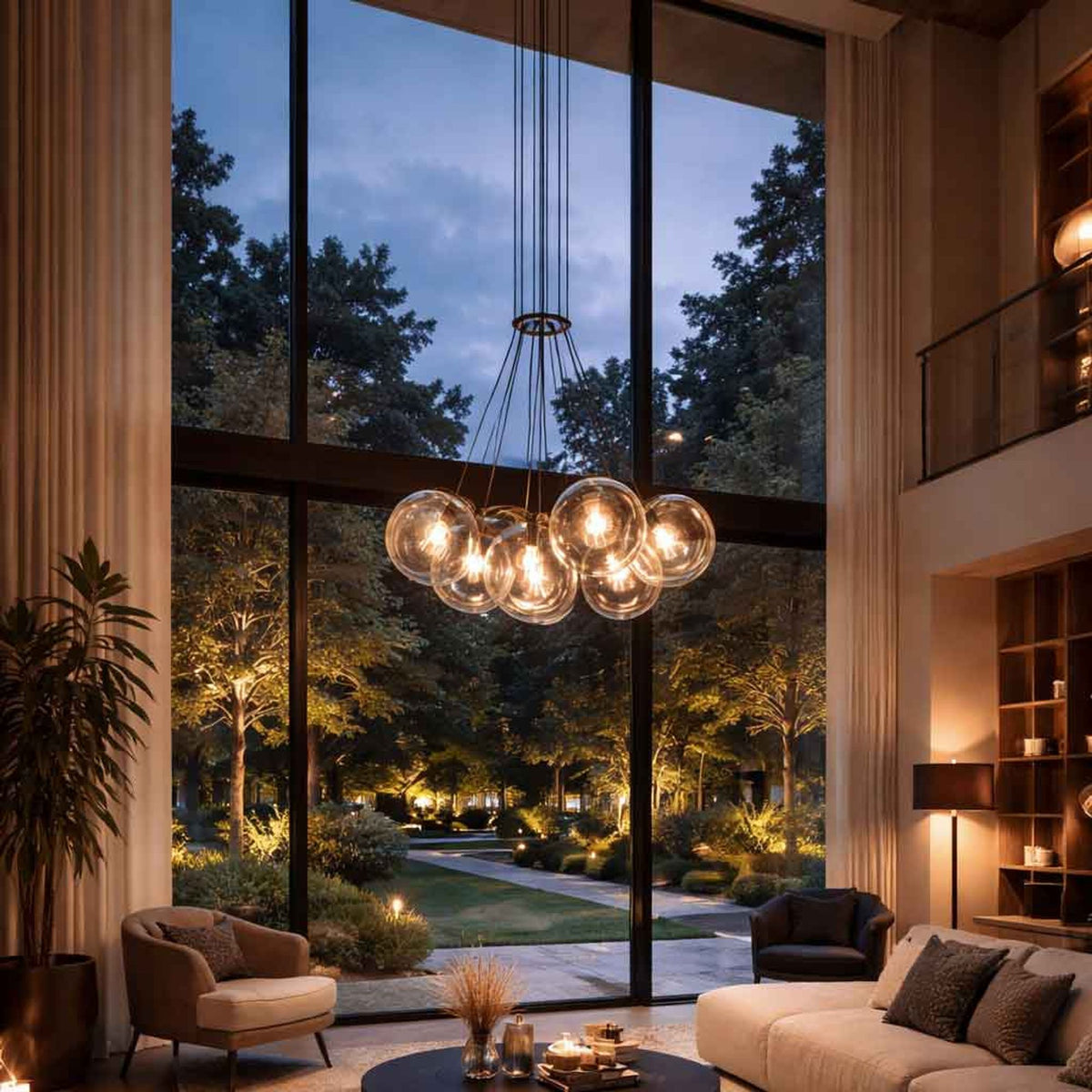 Suspension grappe de globes en verre fumé installée dans un salon à double hauteur