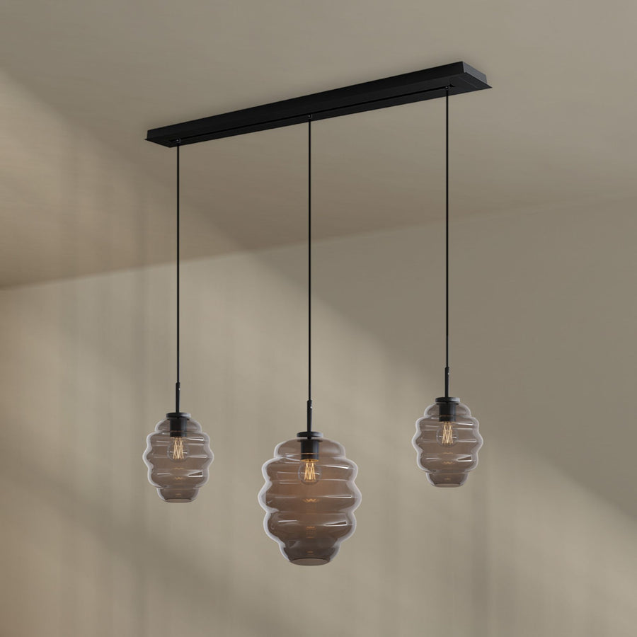 Suspension de table Echos 3 lumières, longueur 120 cm, verres Ø 18 et 25 cm