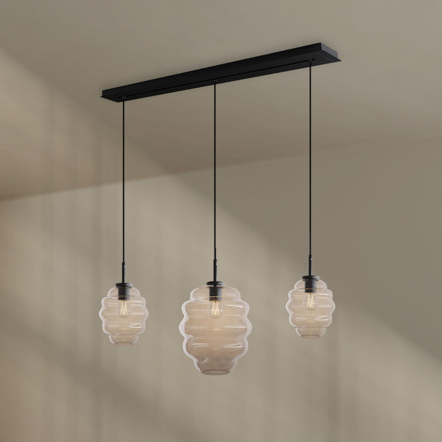 Suspension de table Echos 3 lumières, longueur 120 cm, verres Ø 18 et 25 cm