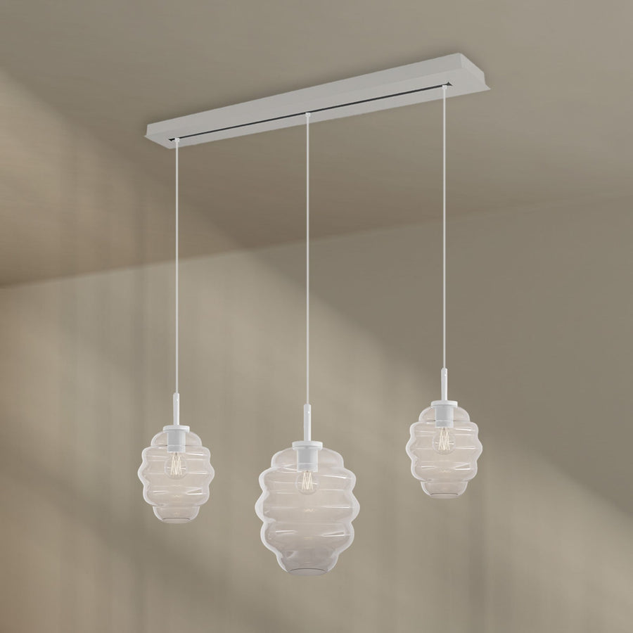 Suspension de table Echos 3 lumières, longueur 120 cm, verres Ø 18 et 25 cm