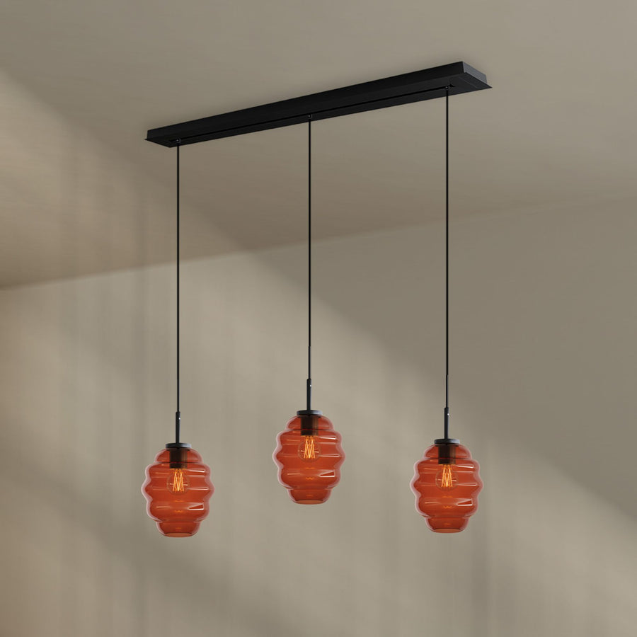 Suspension de table Echos 3 lumières, longueur 120 cm, verres Ø 18 cm