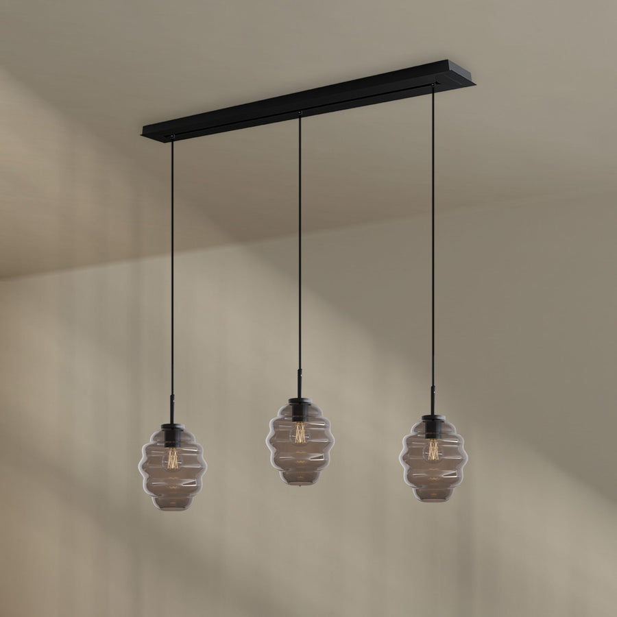 Suspension de table Echos 3 lumières, longueur 120 cm, verres Ø 18 cm