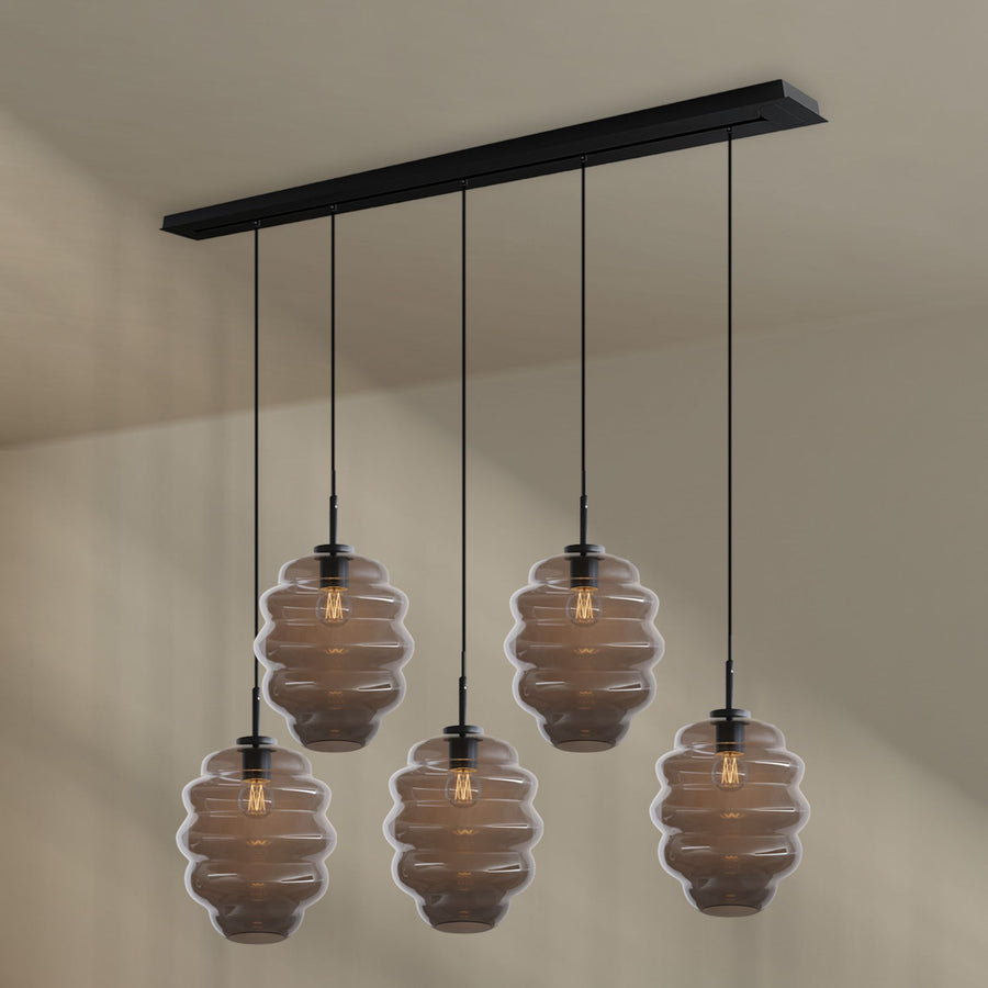 Suspension de table Echos 5 lumières, longueur 160 cm, verres Ø 25 cm