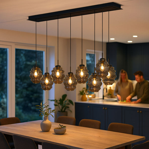 Suspension de table Echos 8 lumières sur 2 rangées, longueur 160 cm, verres Ø 18 cm