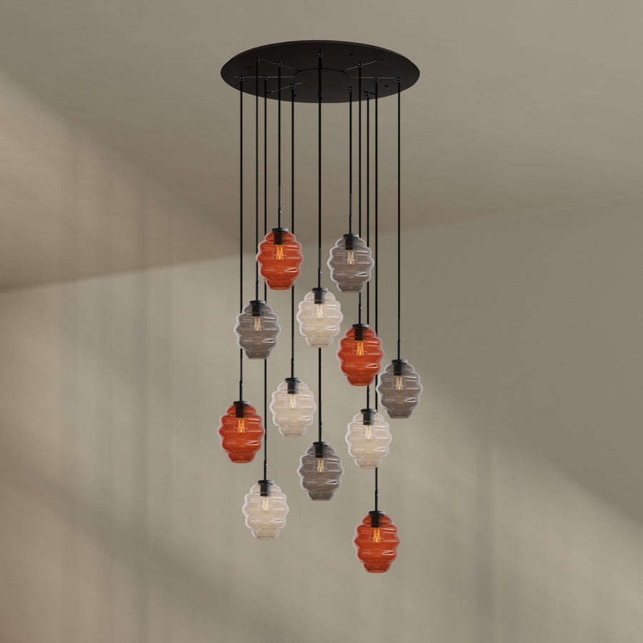 Suspension grande hauteur Echos 12 lumières, rosace Ø 80 cm, verres Ø 18 cm