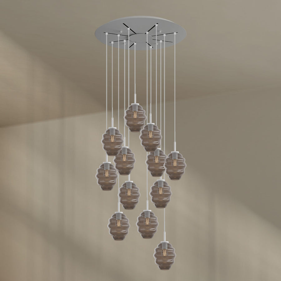 Suspension grande hauteur Echos 12 lumières, rosace Ø 80 cm, verres Ø 18 cm