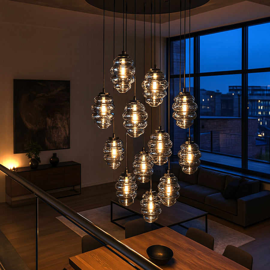 Suspension grande hauteur Echos 12 lumières, rosace Ø 80 cm, verres Ø 25 cm