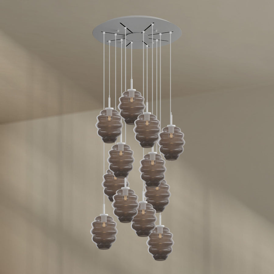 Suspension grande hauteur Echos 12 lumières, rosace Ø 80 cm, verres Ø 25 cm