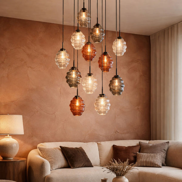 Suspension grande hauteur Echos 12 lumières, rosace Ø 80 cm, verres Ø 25 cm