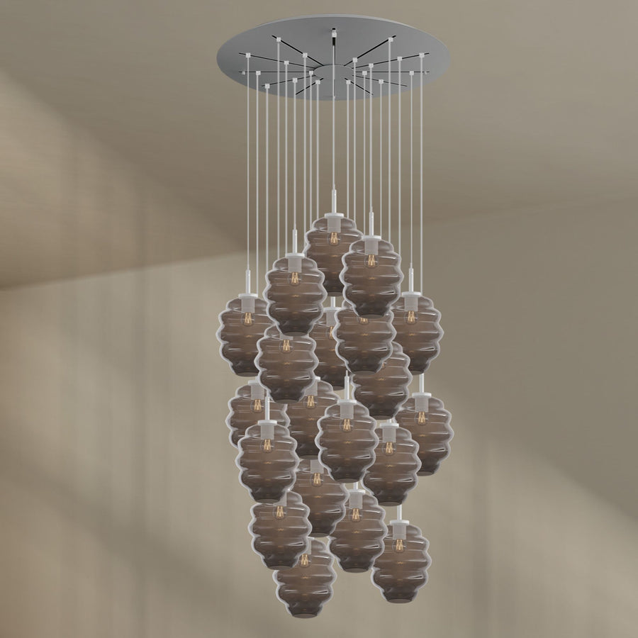 Suspension grande hauteur Echos 20 lumières, rosace Ø 120 cm, verres Ø 25 cm