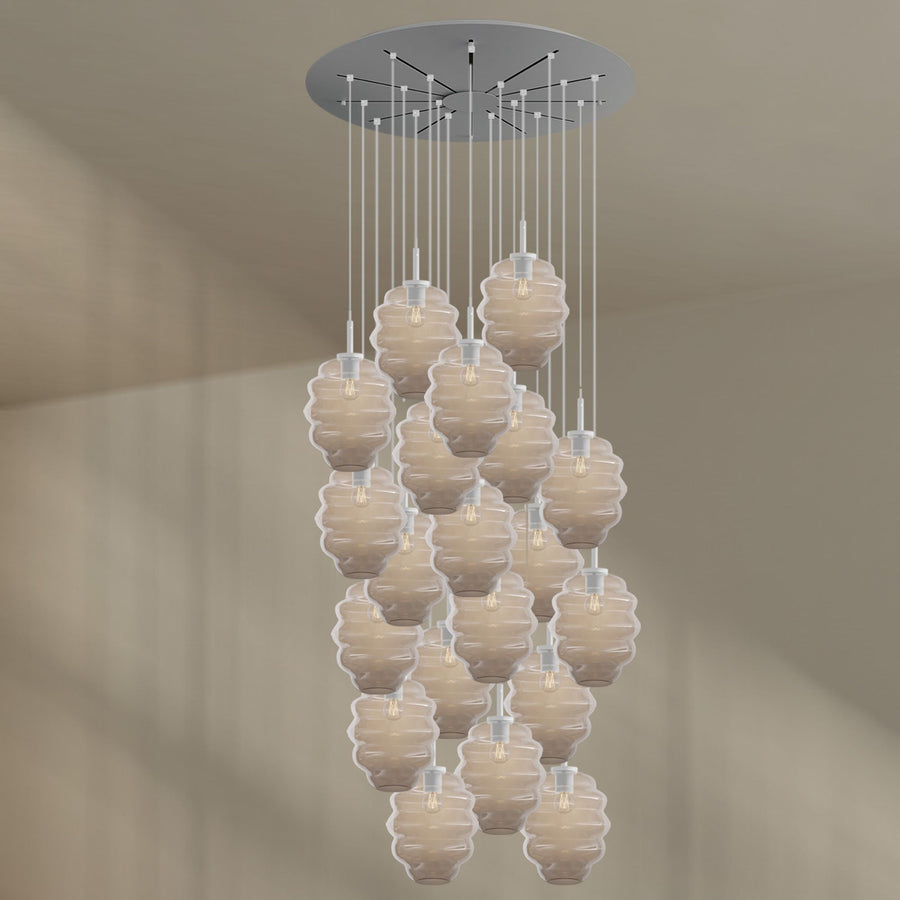 Suspension grande hauteur Echos 20 lumières, rosace Ø 120 cm, verres Ø 25 cm
