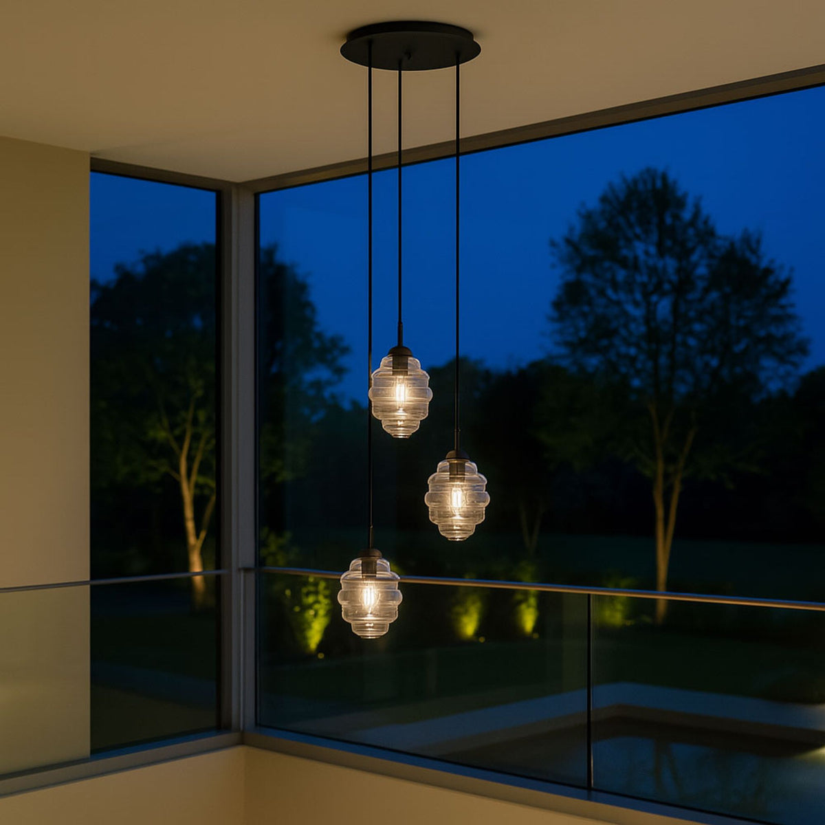 Suspension grande hauteur Echos 3 lumières, rosace Ø 40 cm, verres Ø 18 cm