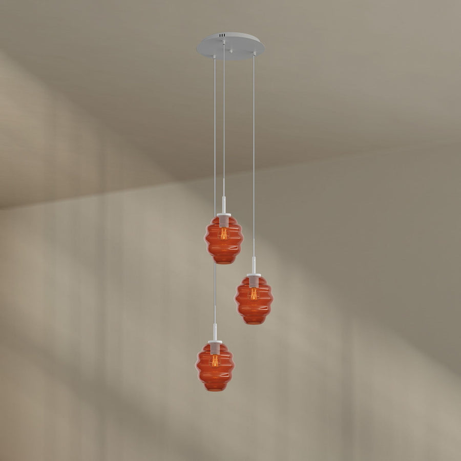 Suspension grande hauteur Echos 3 lumières, rosace Ø 40 cm, verres Ø 18 cm