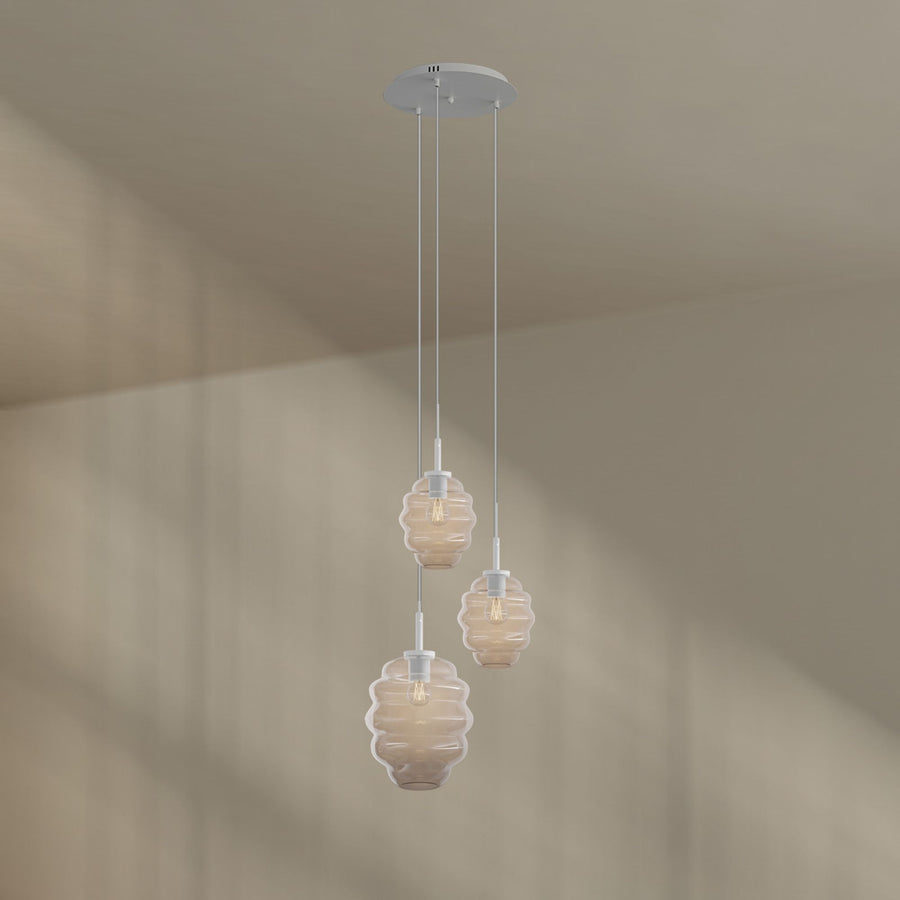 Suspension grande hauteur Echos 3 lumières, rosace Ø 40 cm, verres Ø 18 et 25 cm