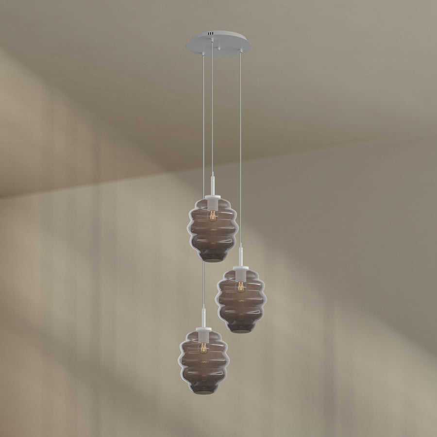 Suspension grande hauteur Echos 3 lumières, rosace Ø 40 cm, verres Ø 25 cm