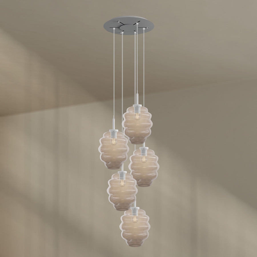 Suspension grande hauteur Echos 5 lumières, rosace Ø 60 cm, verres Ø 25 cm