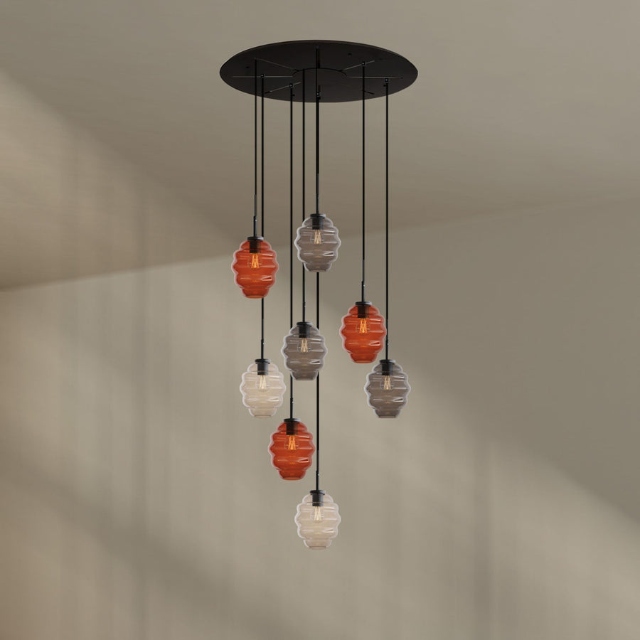 Suspension grande hauteur Echos 8 lumières, rosace Ø 80 cm, verres Ø 18 cm