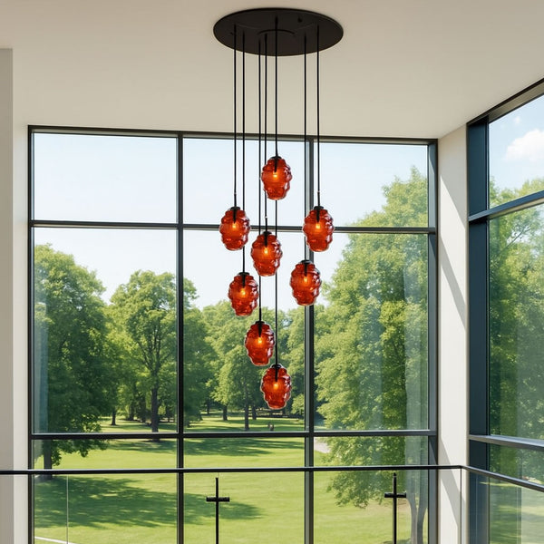 Suspension grande hauteur Echos 8 lumières, rosace Ø 80 cm, verres Ø 18 cm