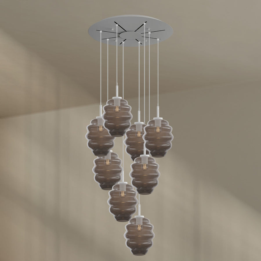Suspension grande hauteur Echos 8 lumières, rosace Ø 80 cm, verres Ø 25 cm