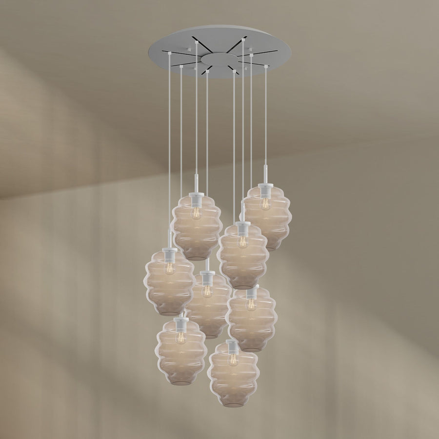 Suspension grande hauteur Echos 8 lumières, rosace Ø 80 cm, verres Ø 25 cm