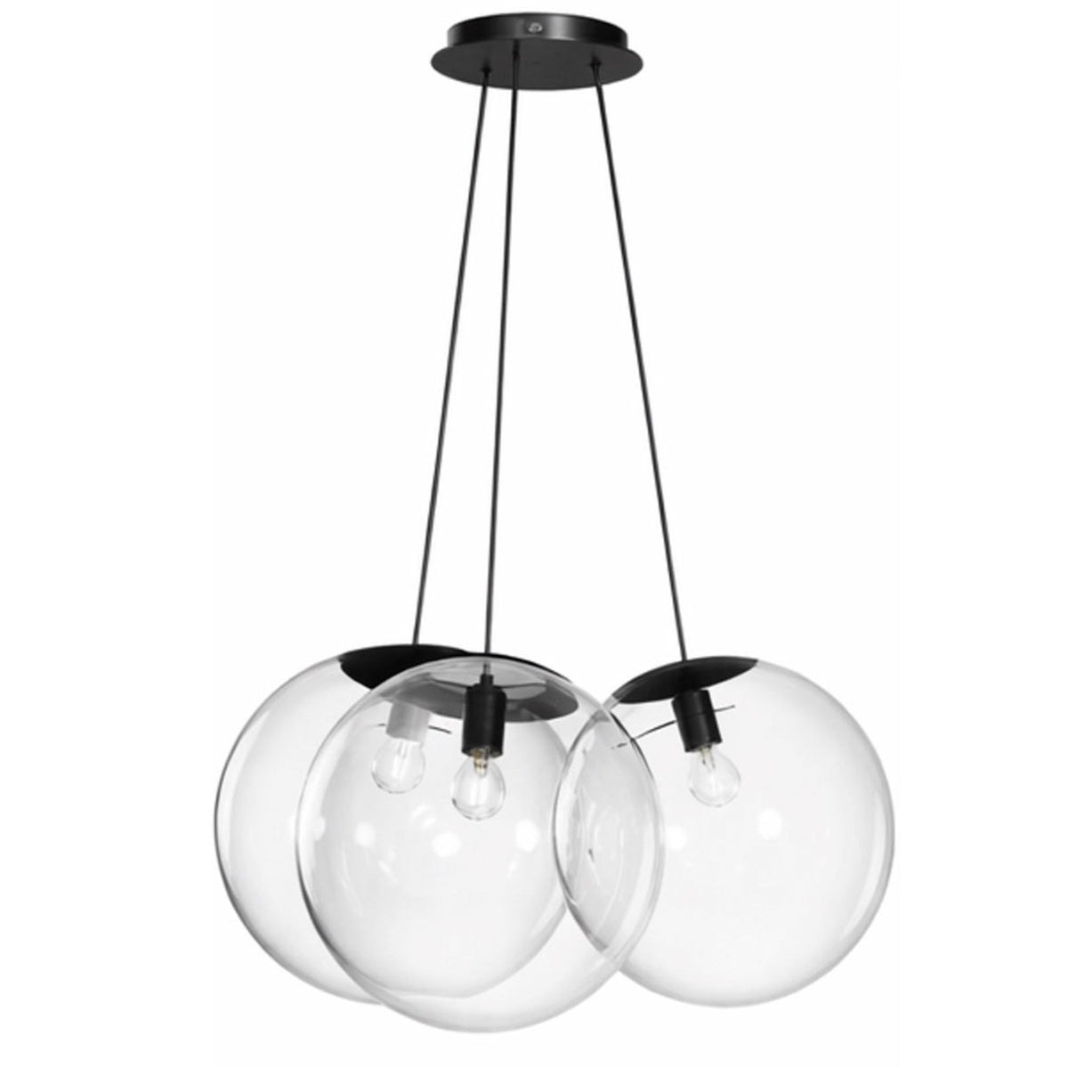 Produit sur fond blanc : trois globes transparents, câbles noirs et ampoules apparentes.