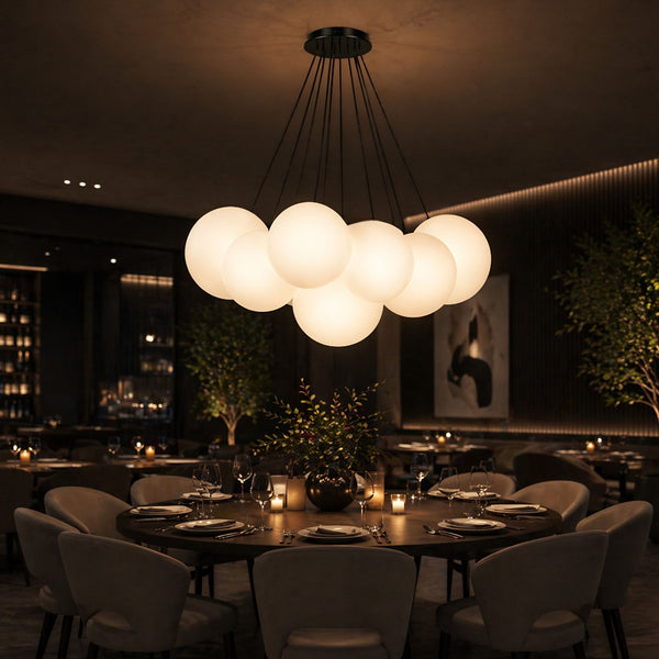 Suspension grappe Orb 7 lumières, verres Ø 20 cm