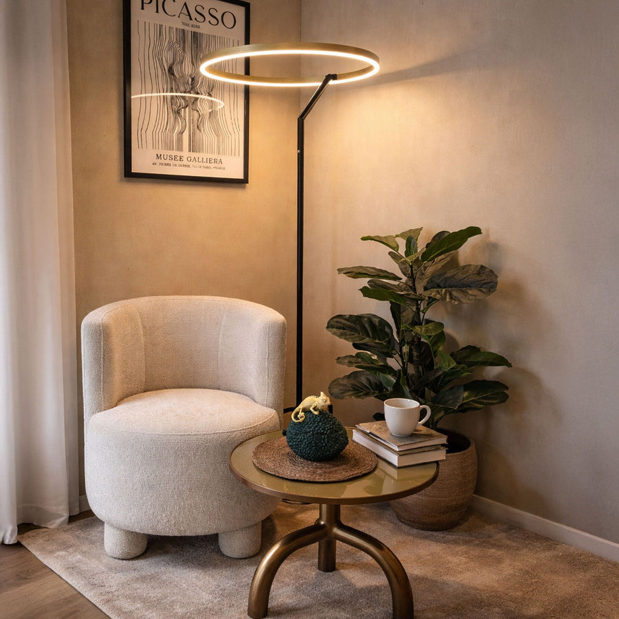 Coin lecture avec fauteuil en bouclette, plante verte et lampadaire allumé.