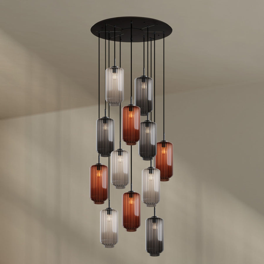 Suspension grande hauteur Velo 12 lumières, rosace Ø 80 cm, verres Ø 18 cm