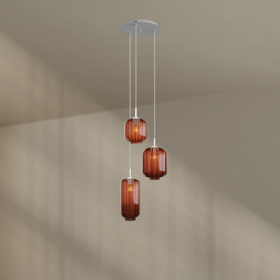 Suspension grande hauteur Velo 3 lumières, rosace Ø 40 cm, verres Ø 18, 20 et 25 cm