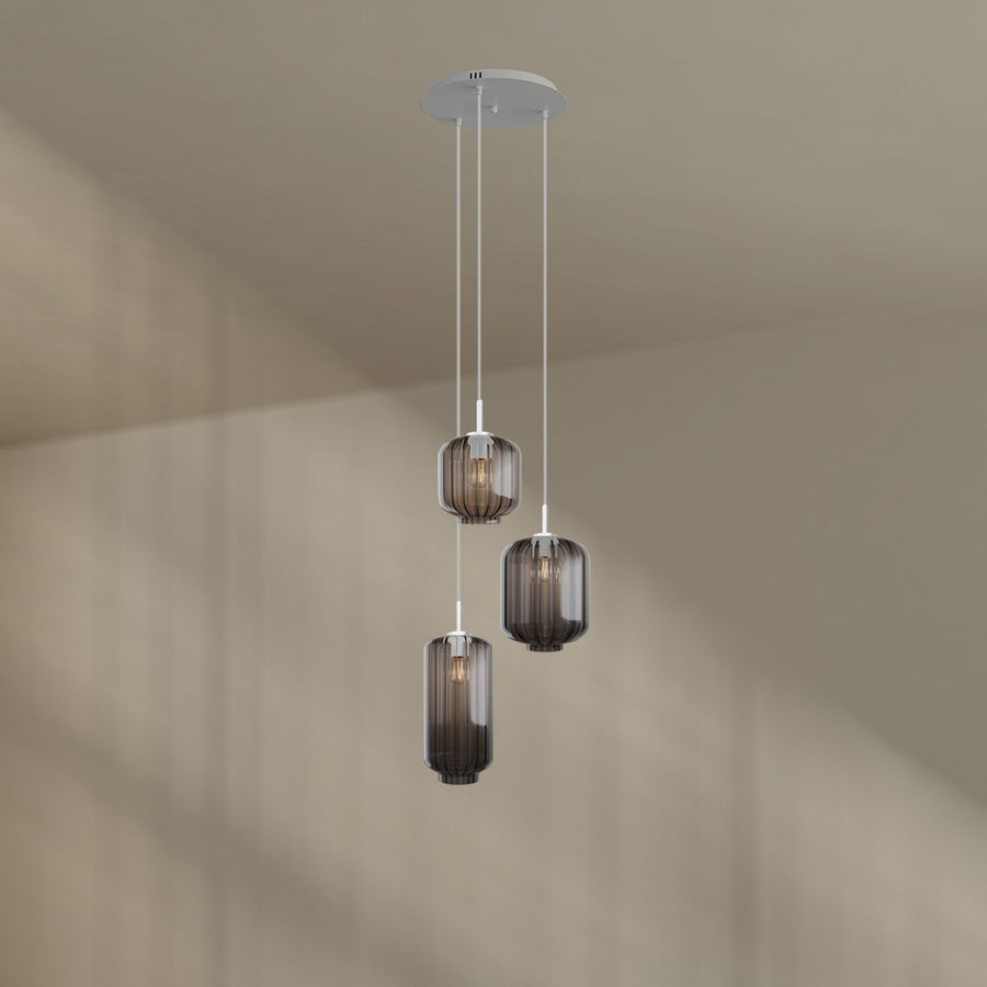 Suspension grande hauteur Velo 3 lumières, rosace Ø 40 cm, verres Ø 18, 20 et 25 cm
