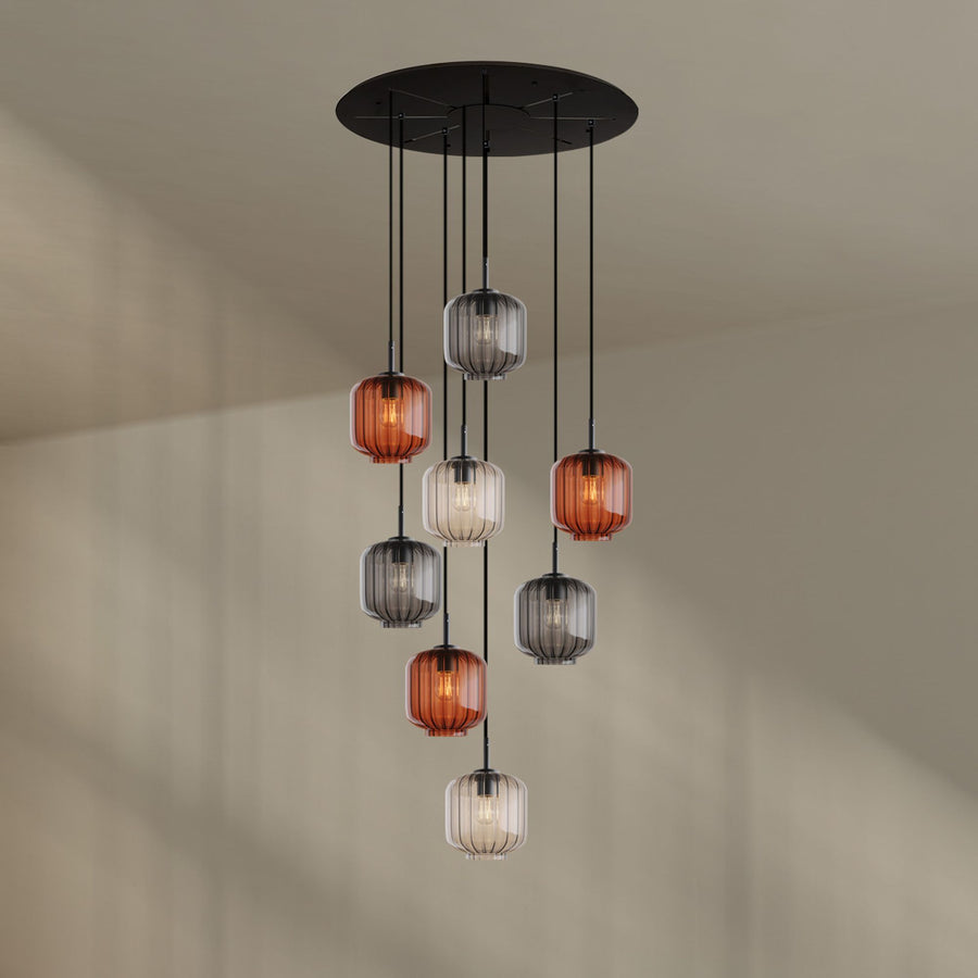 Suspension grande hauteur Velo 8 lumières, rosace Ø 80 cm, verres Ø 20 cm