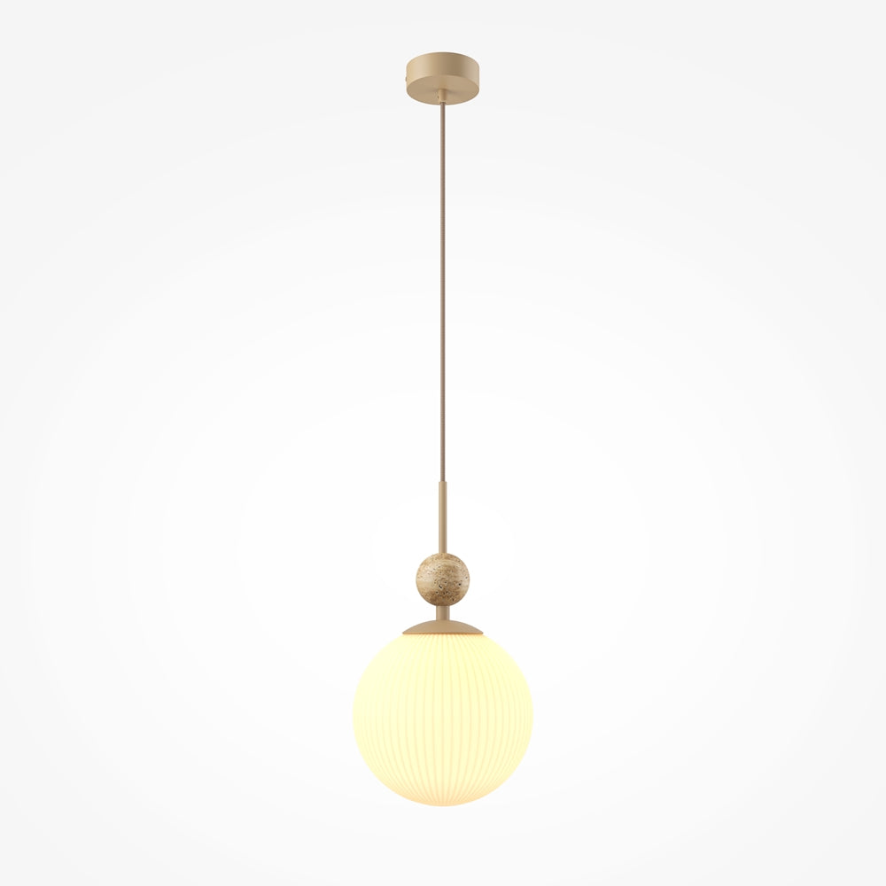 Suspension beige avec câble textile, sphère en verre strié et bille en travertin