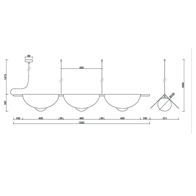 Schéma technique coté du luminaire avec hauteurs, longueurs et diamètre des diffuseurs