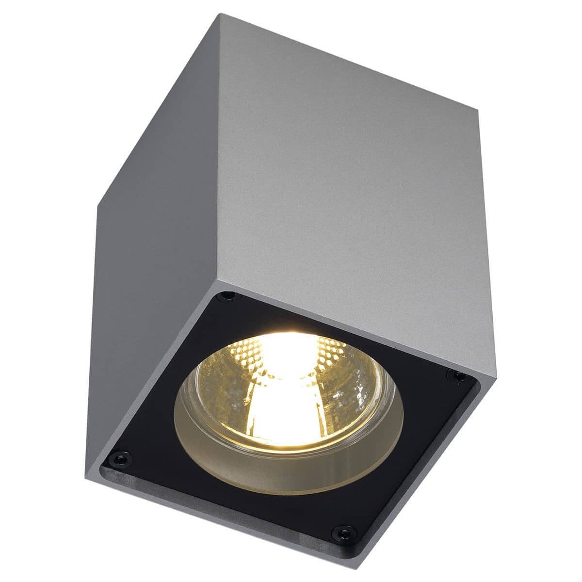 Spot de plafond carré argenté, vue de face montrant la LED allumée