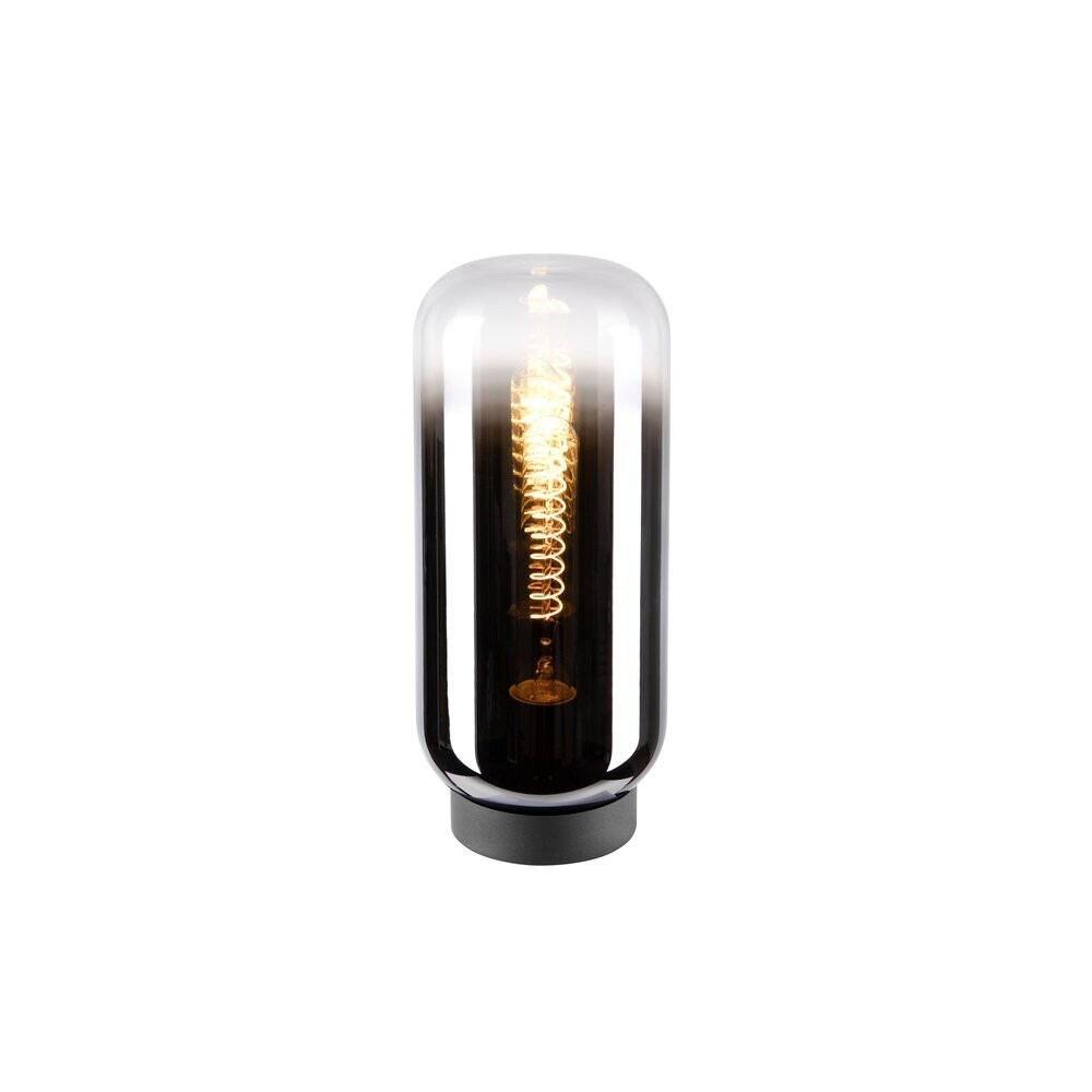 Lampe à poser cylindrique en verre fumé chromé, ampoule filament visible, sur fond blanc.
