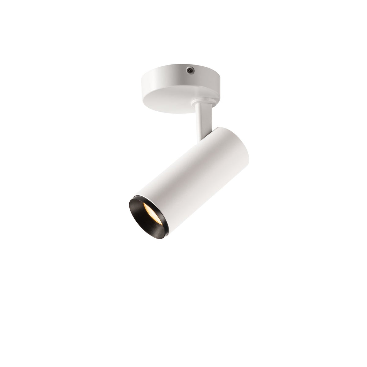 Spot orientable blanc fixé au plafond, tête cylindrique inclinée vers le bas.
