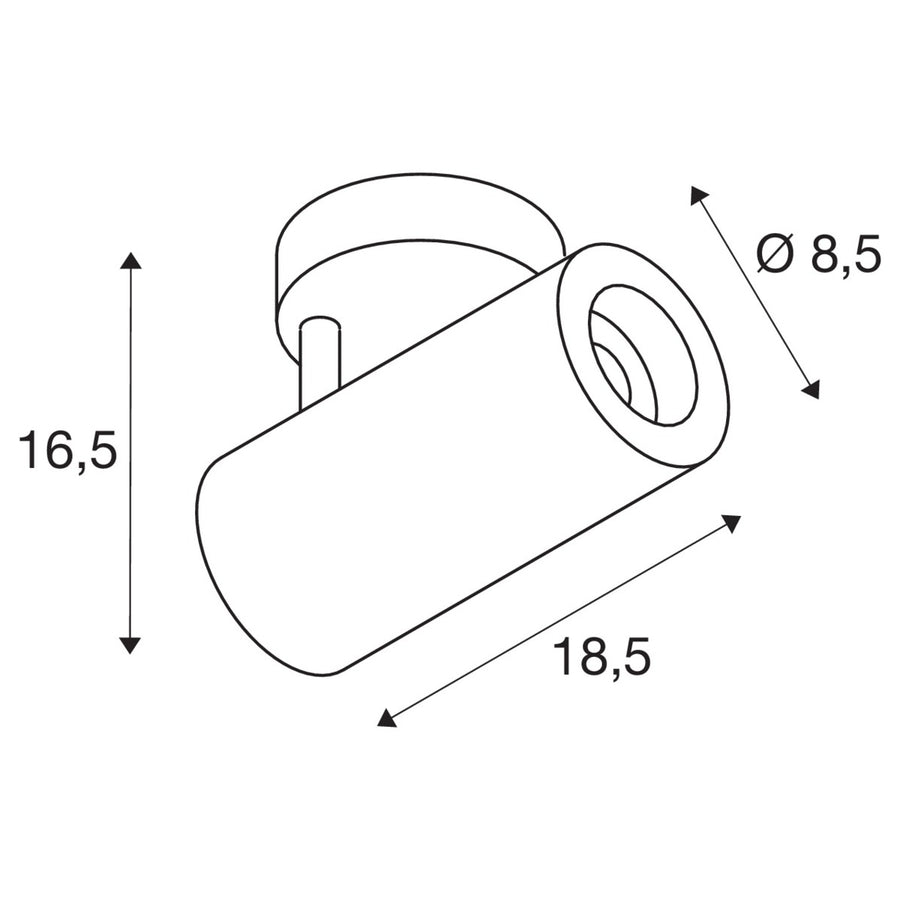 Schéma de dimensions du spot indiquant hauteur, longueur et diamètre.