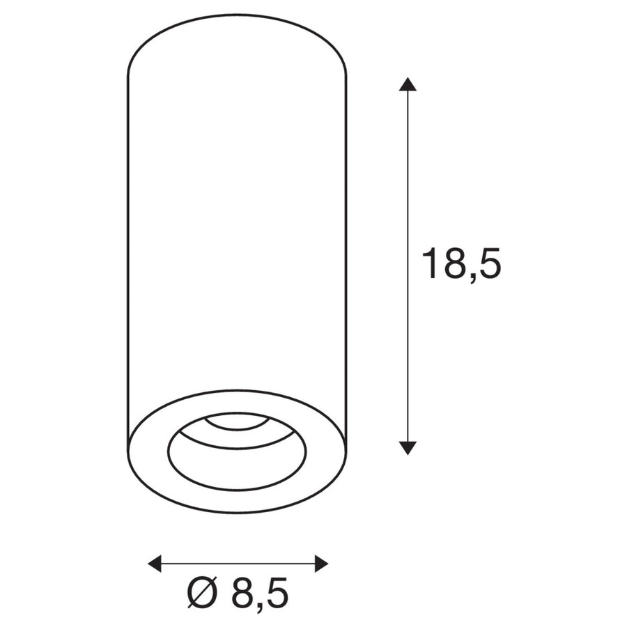 Schéma coté du spot cylindrique : hauteur 18,5 cm et diamètre 8,5 cm.