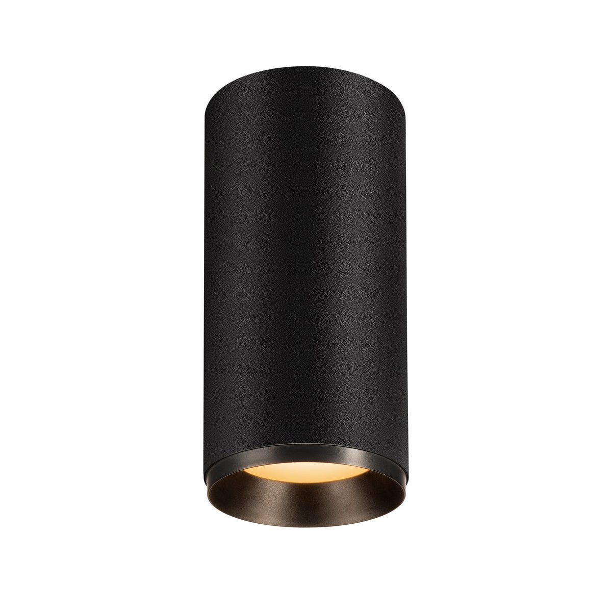 Spot cylindrique noir mat vu de face, avec lumière chaude allumée sous le boîtier.