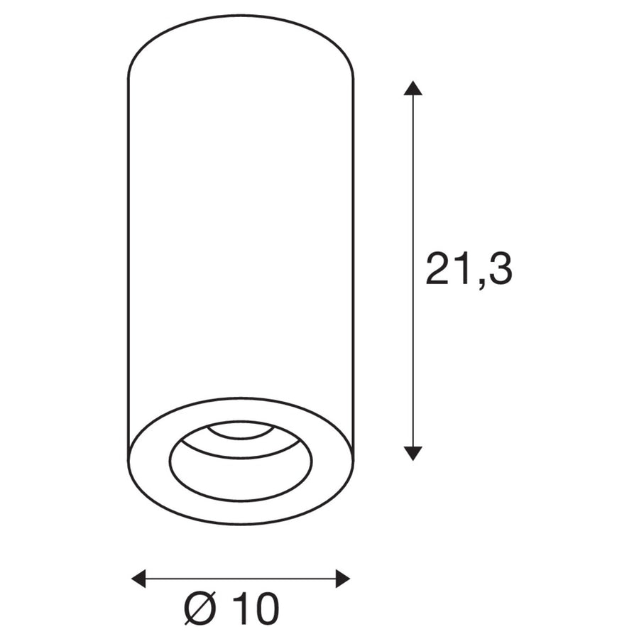 Schéma de dimensions du spot : hauteur 21,3 cm et diamètre 10 cm