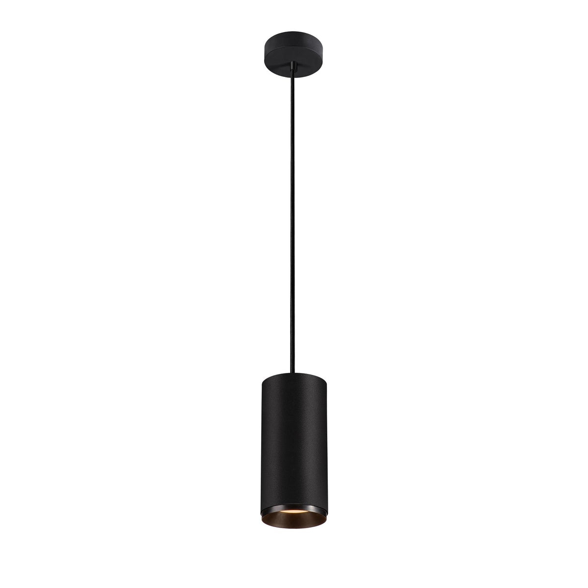 Suspension noire cylindrique vue de face sur fond blanc