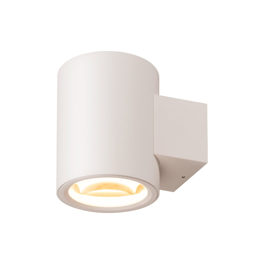 Luminaire mural blanc présenté de biais sur fond neutre, verre lumineux