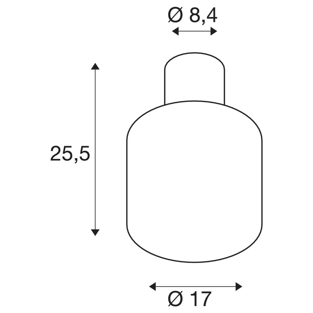 Schéma de dimensions du plafonnier avec diamètre 8,4 cm, hauteur 25,5 cm et largeur 17 cm